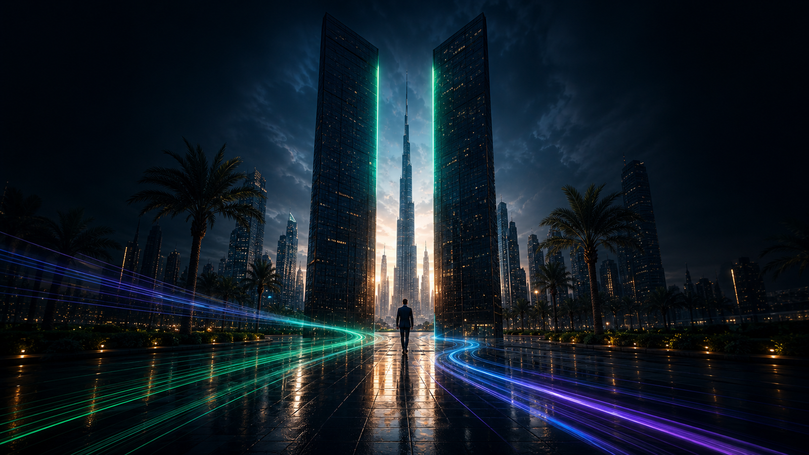 Futuristic Dubai boulevard with luminous digital pathways leading through a business portal